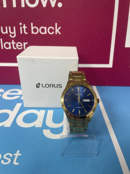 LORUS STAINLESS STEEL WATCH BLUE FACE GOLD STRAP BOXED.